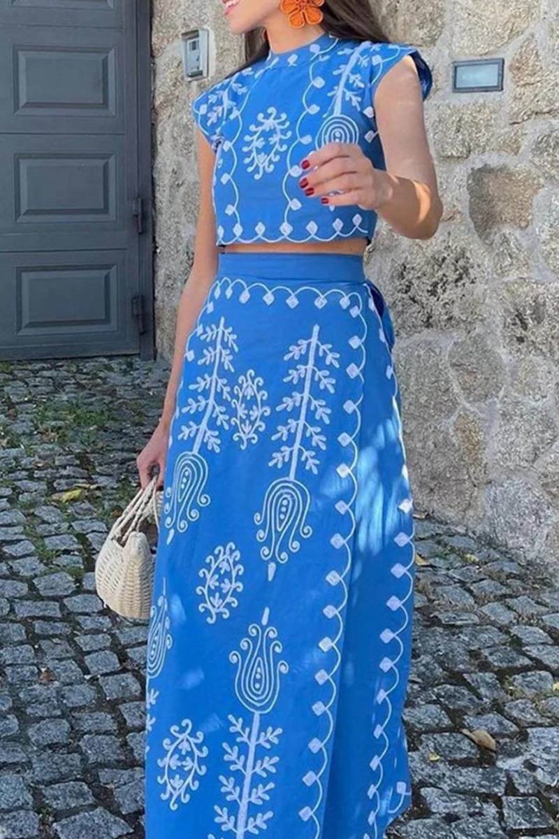 Set van crop top met etnische print en midi-rok met bandomslag