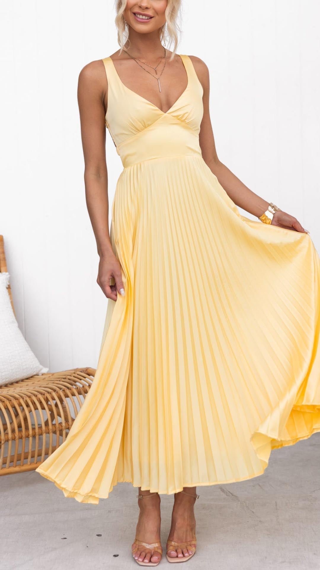 Yellow pleated V-neck maxi dress