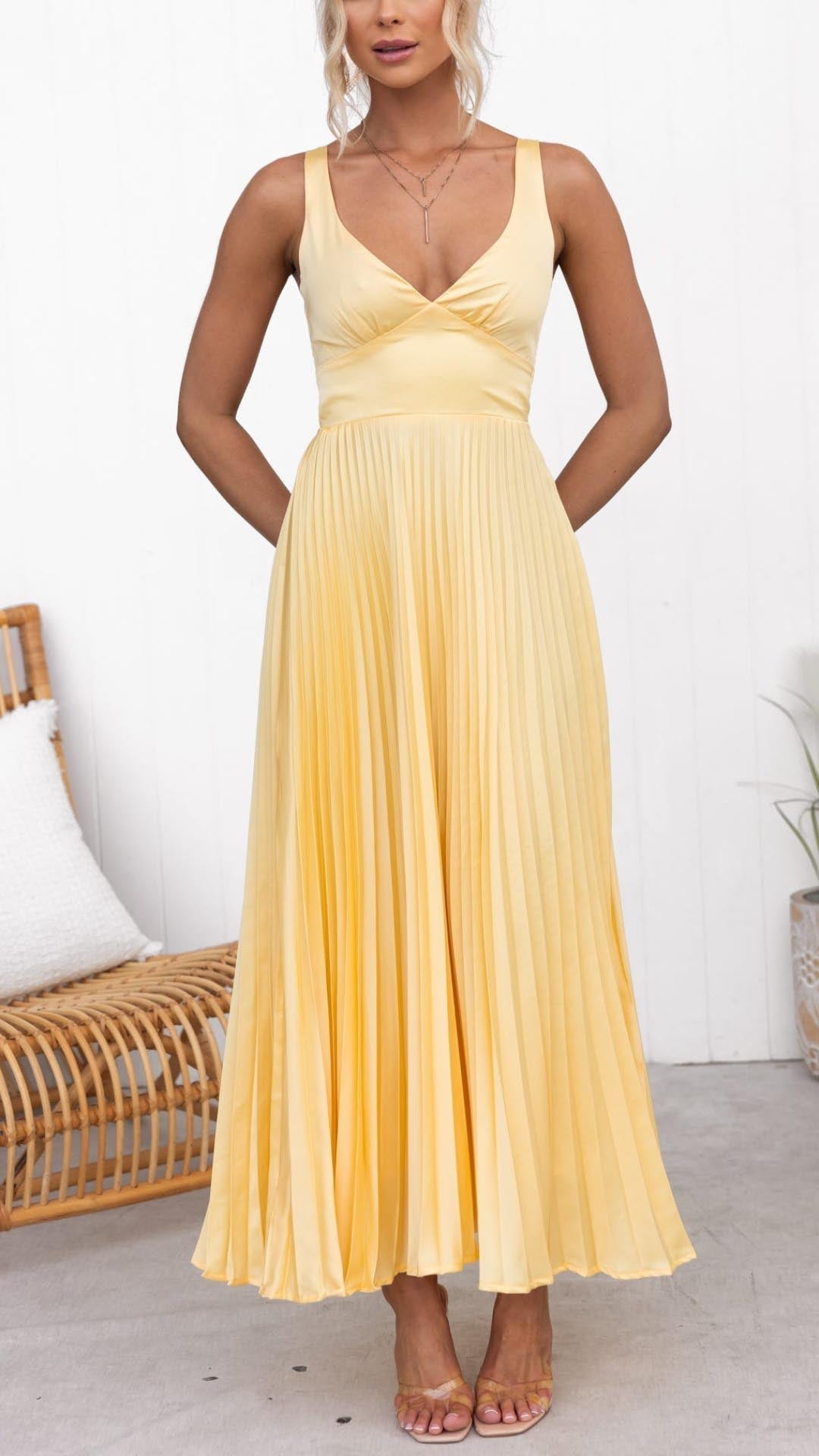 Yellow pleated V-neck maxi dress