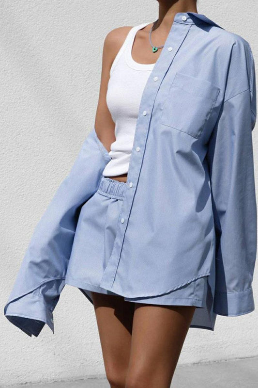 Blauwe elegante shirtset met lange mouwen