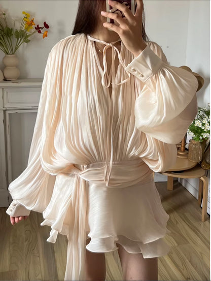 Eugénie fully-pleated ruffled mini dress in Neutrals