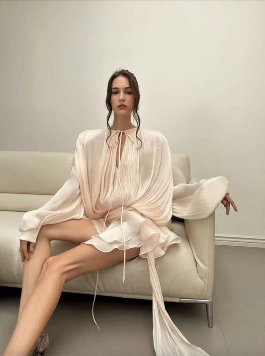 Eugénie fully-pleated ruffled mini dress in Neutrals